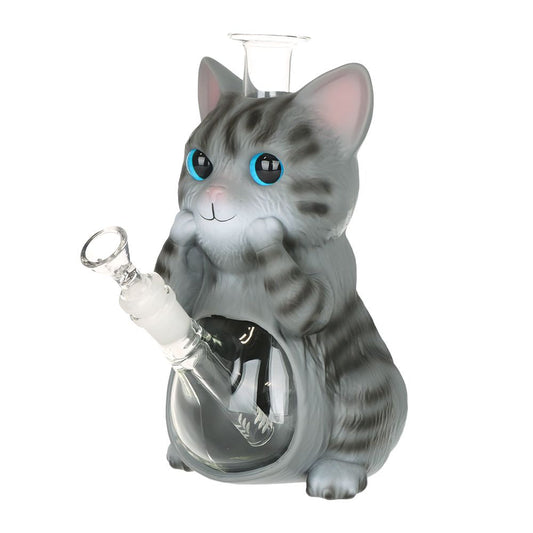 Grey Tabby Cat Glass & Vinyl Water Pipe