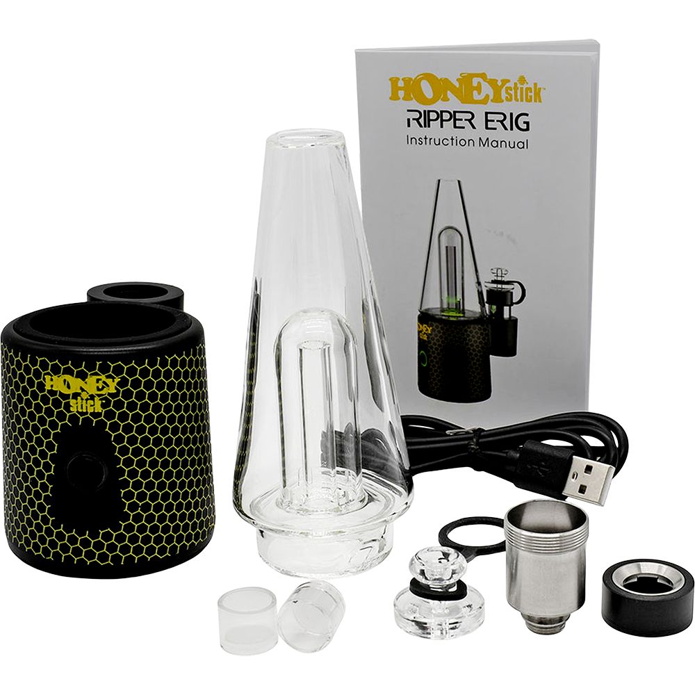 HoneyStick Ripper eRig complete kit with quartz and ceramic bowls, glass bubbler, and carb cap