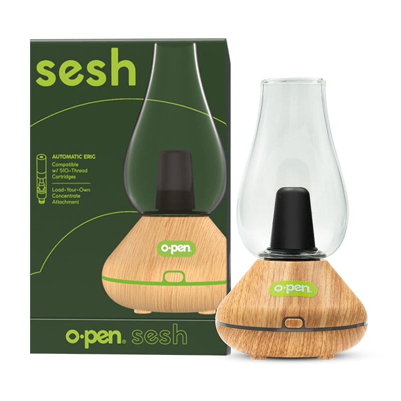 Packaging of O.pen Sesh 510 Rig in Oak finish