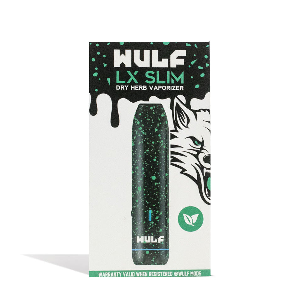 Wulf Mods LX Slim Dry Herb Vaporizer Black-Green Spatter with packaging