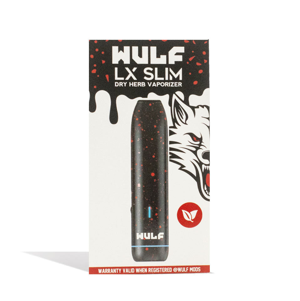 Wulf Mods LX Slim Dry Herb Vaporizer Black-Red Spatter with packaging