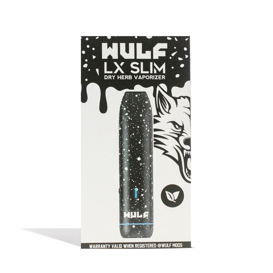 Wulf Mods LX Slim Dry Herb Vaporizer Black-White Spatter with packaging