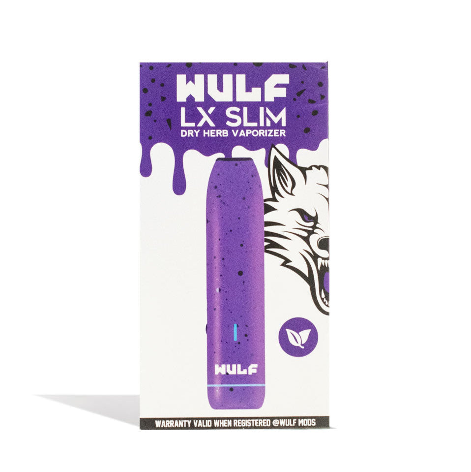 Wulf Mods LX Slim Dry Herb Vaporizer Purple-Black Spatter with packaging