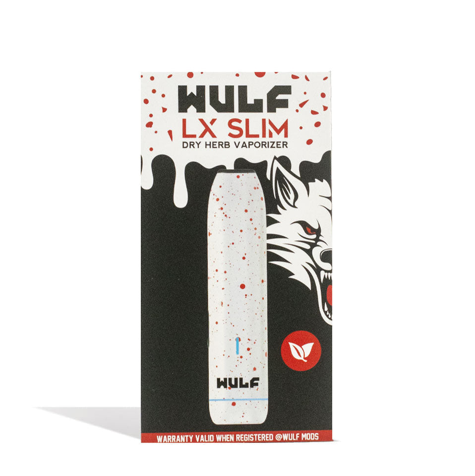Wulf Mods LX Slim Dry Herb Vaporizer White-Red Spatter with packaging