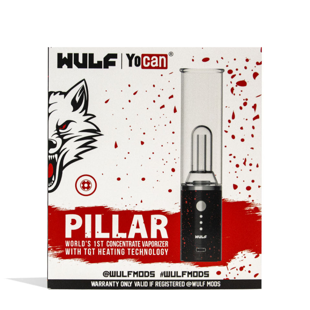 Wulf Mods Pillar Mini Electric Dab Rig Packaging in Black-Red Spatter