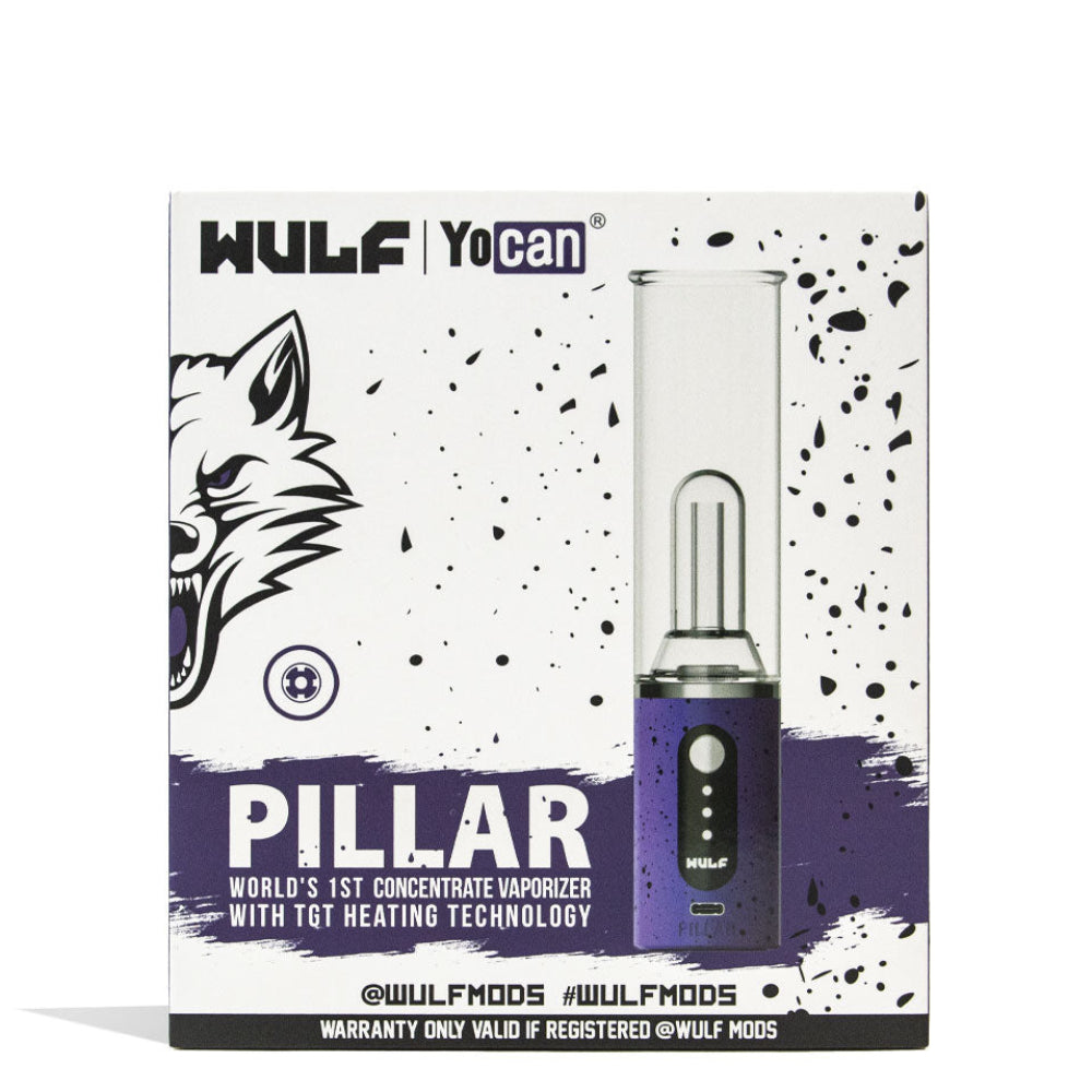 Wulf Mods Pillar Mini Electric Dab Rig Packaging in Purple-Black Spatter