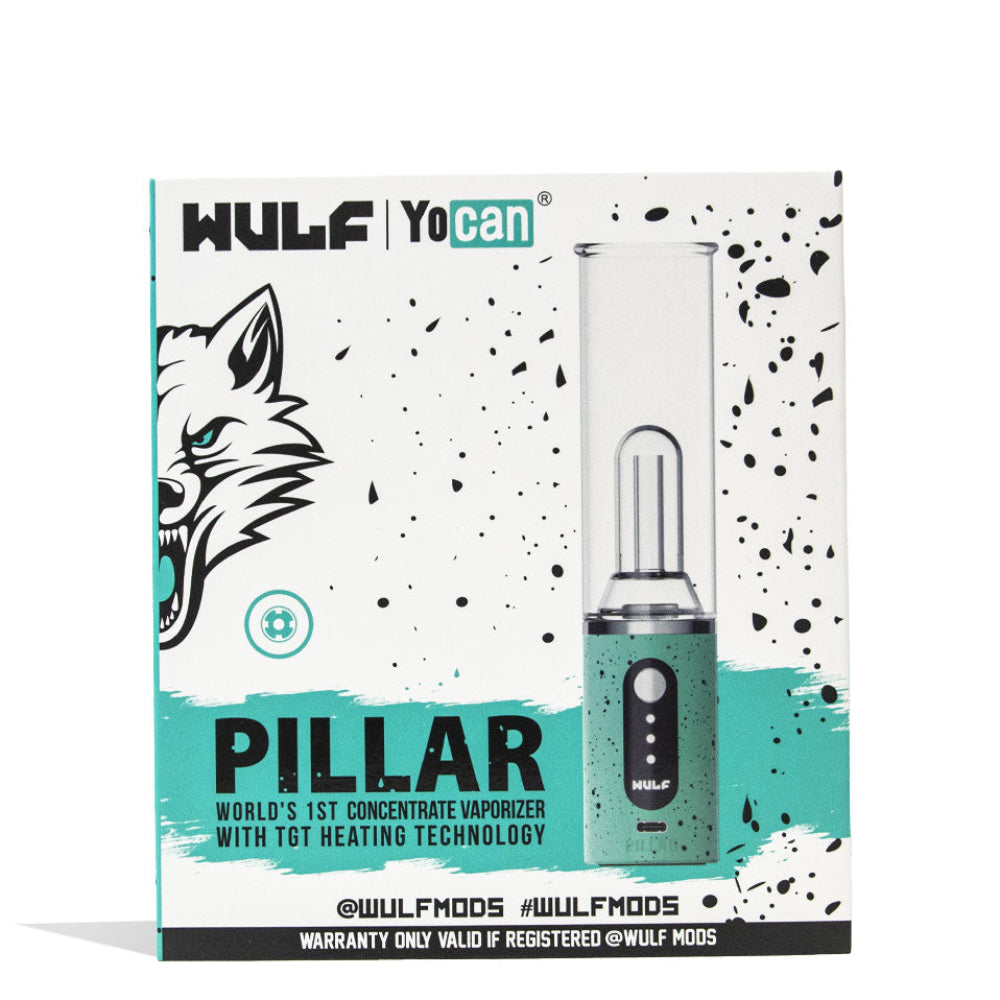 Wulf Mods Pillar Mini Electric Dab Rig Packaging in Teal-Black Spatter