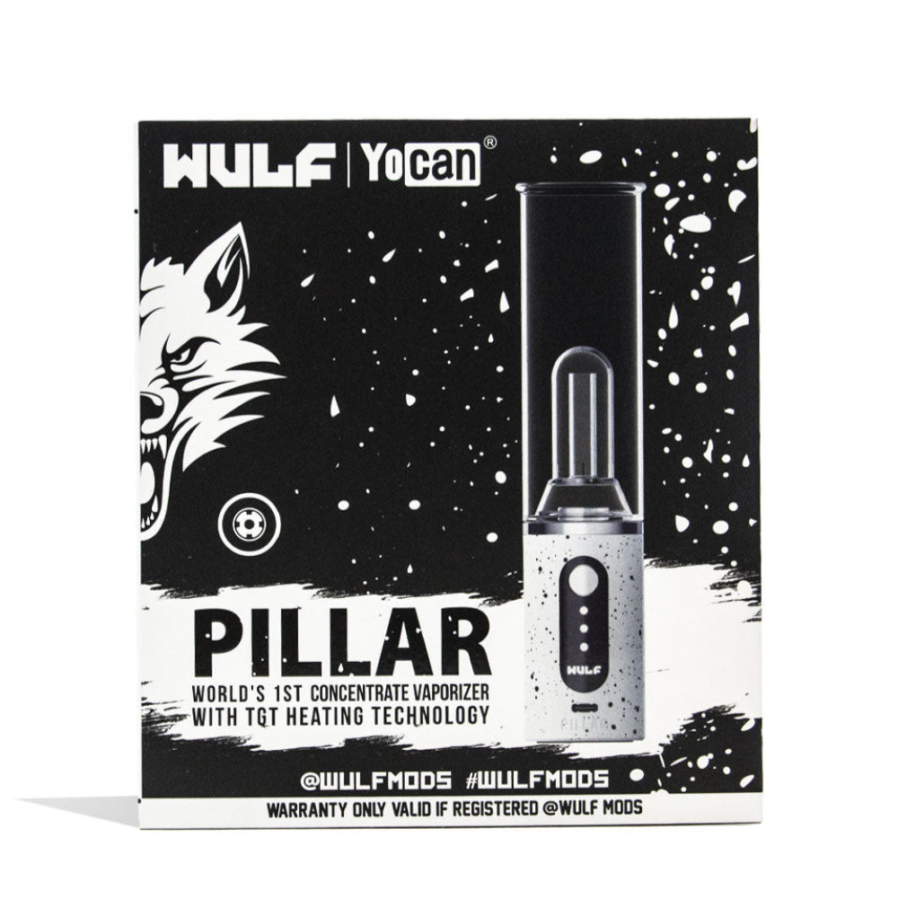 Wulf Mods Pillar Mini Electric Dab Rig Packaging in White-Black Spatter