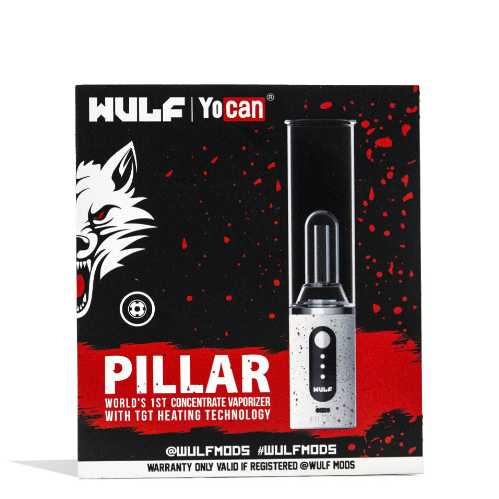 Wulf Mods Pillar Mini Electric Dab Rig Packaging in White-Red Spatter